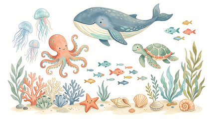 Fototapeta premium Adorable Watercolor Marine Life Collection Featuring Whale, Octopus, Sea Turtle, Fish, and Coral on White Background for Kids' Design Projects