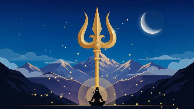 Lord Shiva Silhouette with Golden Trident in Himalayan Night