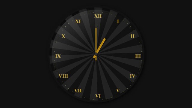 Minimalist golden clock face featuring ticking hands against a dark radial sunburst background in this sleek digital motion animation clip