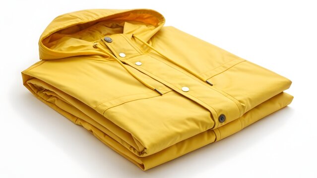 Yellow folded raincoat with hood lies neatly on a plain white surface.