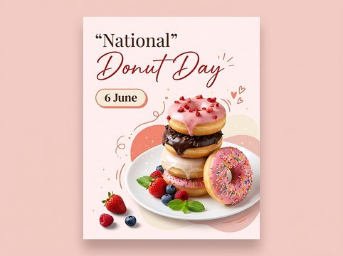 National Donut Day celebration poster with a stack of delicious glazed donuts on a plate.