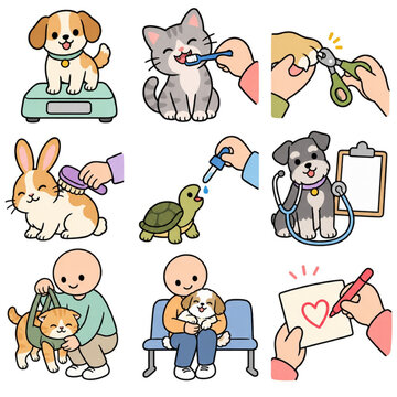 Nine everyday pet health-care actions arranged in a tidy 3x3 mini grid
