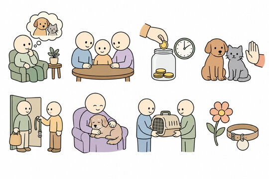 Eight scenes about welcoming a pet and caring for it for life, arranged in a neat 2x4 grid