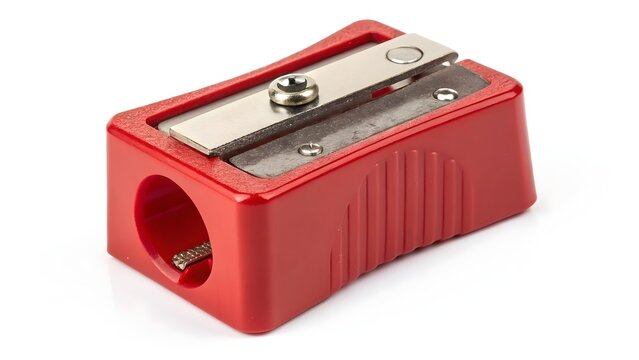 Red pencil sharpener sits isolated on a bright white background.