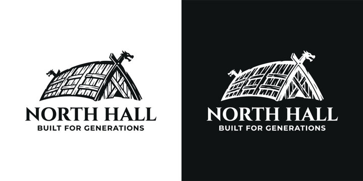 Viking medieval timber house architecture with dragon head for historical heritage real estate property logo design