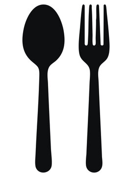 Black silhouette icon of a fork and spoon isolated on white background, vector cutlery set