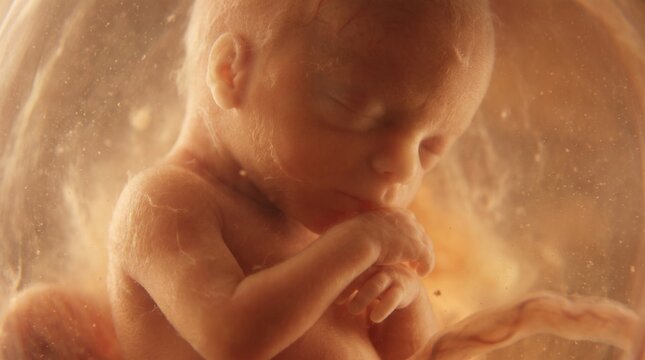A peaceful 3D view of a 19 to 20-week human fetus resting in the womb. At this halfway point in the second trimester, delicate features like fine hair and skin are beautifully visible.