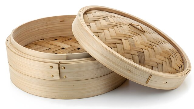 Traditional bamboo steamer with open lid placed on a plain white background.