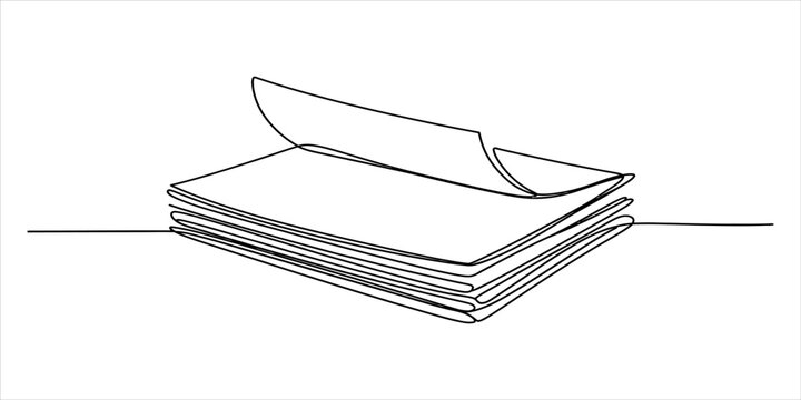 Continuous single line drawing of a stack of paper sheets with the top page folded over in a simple minimalist style for office and business concepts