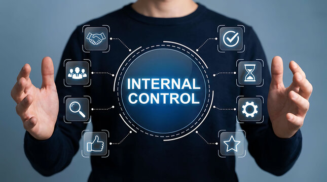 Businessman presenting internal control concept with digital icons graphic