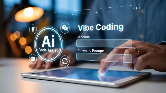 Person using a tablet computer with futuristic AI coding interface graphics