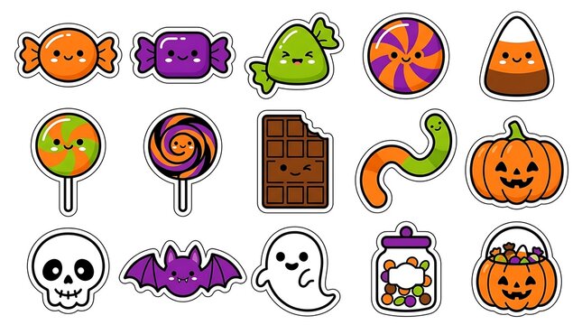 Colorful halloween candy and treats collection in a playful cartoon style