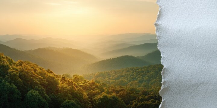 Mountain landscape at sunset with textured paper on the right side conceptual illustration
