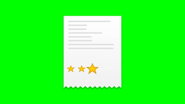 Five Star Rating Animation on White Bill Receipt for Customer Feedback Isolated on Green Screen