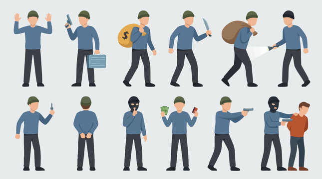 Thief, robber, and criminal characters set in flat vector style