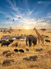 Fototapeta premium African Savanna Wildlife Gathering at Sunset with Elephant Giraffe Lion and Zebra in Serengeti National Park