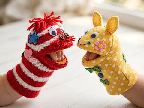 Close-up of fair skinned child hands playing with two colorful handmade sock puppets performing a creative indoor puppet show