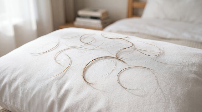 Hair Loss on White Pillow as Alopecia and Shedding Concept