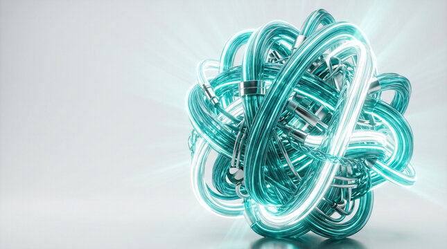 Abstract 3D render of tangled glowing cyan fiber optic cables and glass tubes connected by metallic rings in a spherical knot shape isolated on a white studio background.