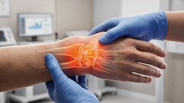 Medical professional in blue gloves examining a patient's wrist with a digital anatomical overlay showing bone pain and inflammation in a clinical setting