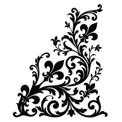 Vintage fleur de lis corner ornament, black damask floral scroll vector, baroque filigree frame element for wedding invitations isolated on White Background © LIPI