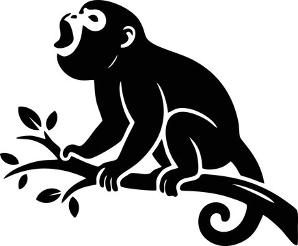 Dynamic black silhouette of a howling monkey on a tree branch, an engaging jungle animals vector graphics illustration for wildlife branding, educational materials, and habitat design