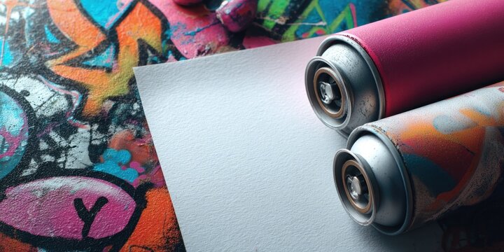 Close up of spray paint cans near graffiti art on paper with creative design elements