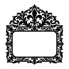 Vintage baroque frame with fleur de lis crest, ornate black damask border vector, antique filigree label for wedding stationery isolated on White Background © LIPI