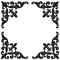 Vintage baroque corner frame set, ornate black floral scroll ornaments, elegant fleur de lis border vector elements isolated on White Background © LIPI
