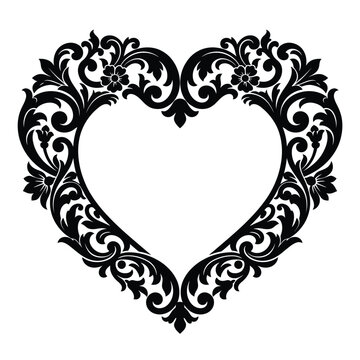 Vintage damask heart frame, ornate black floral scrollwork border, baroque style wedding invitation element, decorative filigree vector isolated on White Background