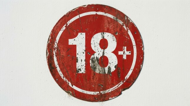 Vintage Weathered Red 18 Plus Age Restriction Sign on White Wall Background for Adult Content and Legal Maturity Concepts