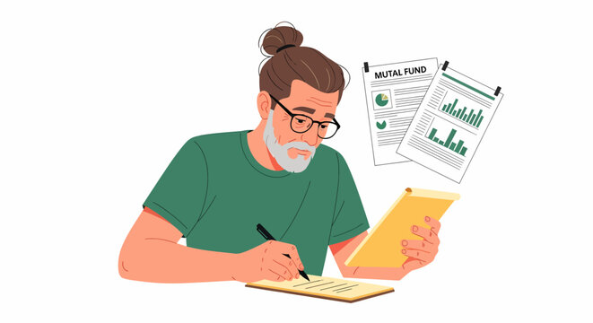 Caucasian Mature Man Cross Referencing Mutual Fund Reports
