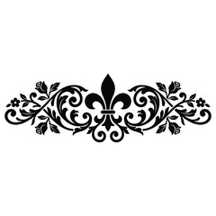 Vintage fleur de lis ornament, black floral scroll divider vector, elegant baroque filigree border for wedding invitations isolated on White Background © LIPI