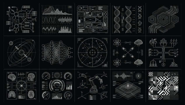 Scientific graphs strands and futuristic neural network interface vector set with scientific genetics interface futuristic technology background statistic analytics research