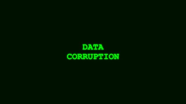 Data corruption text appearing as flickering green glitch animation in digital motion footage on a solid black background screen display