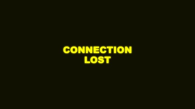 Connection lost text animation glowing with vibrant yellow neon light against a dark black background in this digital video clip