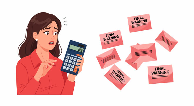 Panicked Caucasian Mother with Calculator and Warning Letters