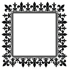 Vintage fleur de lis square frame, black heraldic lily border vector, elegant royal floral ornament for wedding invitations isolated on White Background © LIPI
