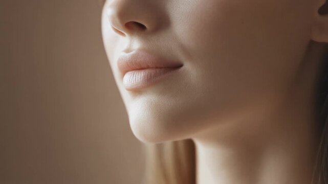 Macro Close Up of Young Woman's Skin Texture on Jawline and Lips with Soft Natural Lighting, Skincare and Beauty Concept