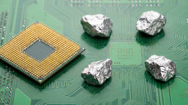Rare earth mineral processor circuit board silver metal. Global industrial metal material. sustainable geology science resource element, supply trade