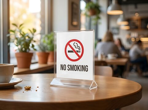 No Smoking sign in a clear acrylic holder on a wooden table inside a cozy cafe with blurred background