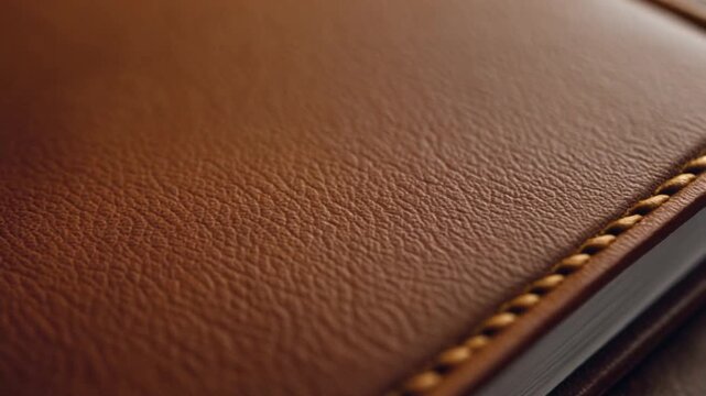 Macro Slow Pan Across Rich Textured Grain of a Brown Leather Planner Cover with Soft Side Lighting