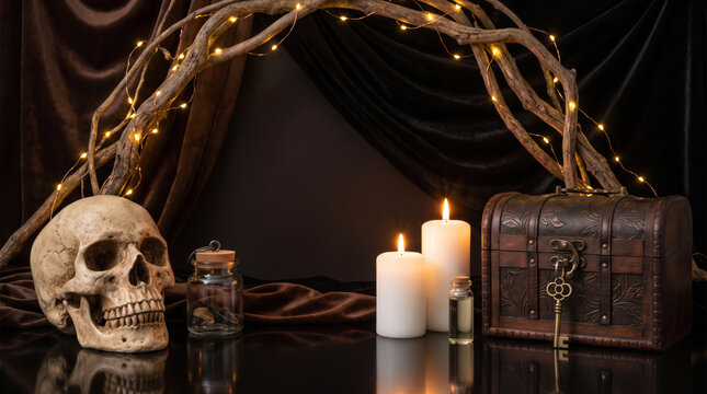 Skull burning candle, candlelight beside vintage chest and twig arch. Gothic dark halloween horror. skeleton bone death fear, occult ritual magic mystical mystery fantasy