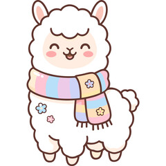 Fototapeta premium Cute Kawaii White Llama Wearing a Colorful Pastel Striped Scarf Vector Illustration