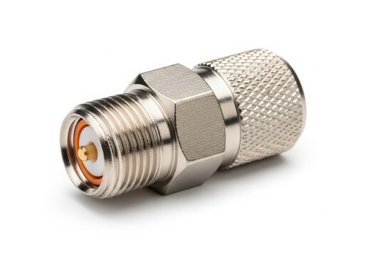 Close-up of male sma connector with knurled ring isolated on white background