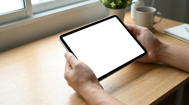 Man holding horizontal tablet with blank white screen on wooden desk with coffee cup