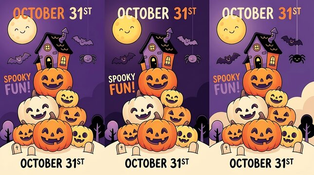 October thirty first spooky fun halloween poster with stacked carved pumpkins