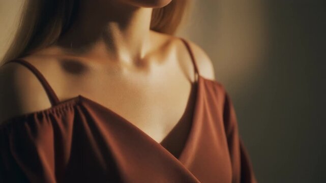 Macro View of Soft High Quality Fabric Folds on Stylish Dress, Elegant Caucasian Female Silhouette in Warm Lighting 1080p