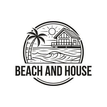 Tropical Beach and House Villa Vintage Badge Logo