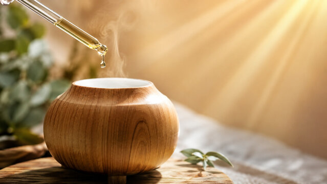 Essential oil drop above wooden aroma diffuser with steam